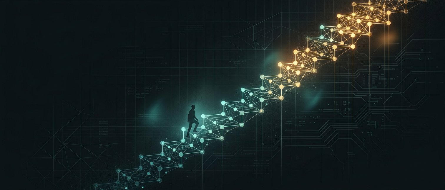 A staircase of glowing connected nodes ascending into greater complexity