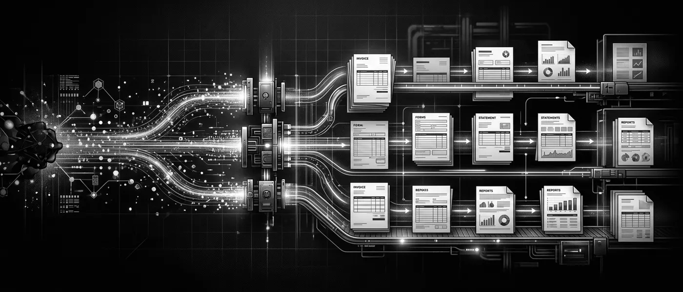 An automated document pipeline — ERP data flowing into laid-out business documents