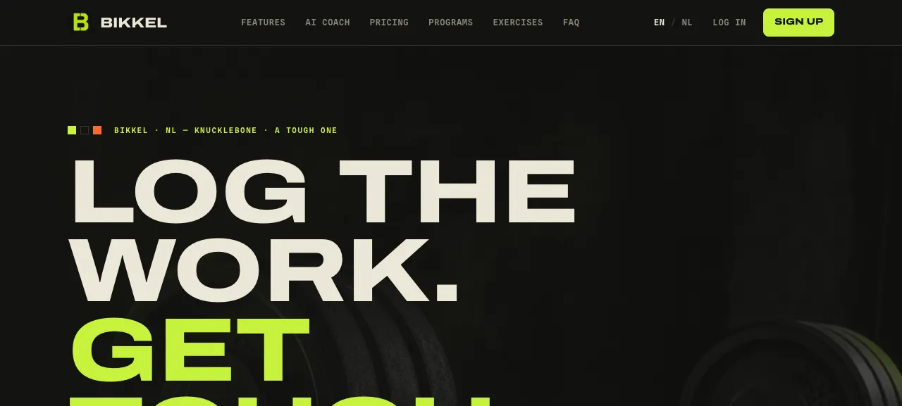 Bikkel's landing page in its cast-iron design — poster display type, acid-lime accent, near-black background
