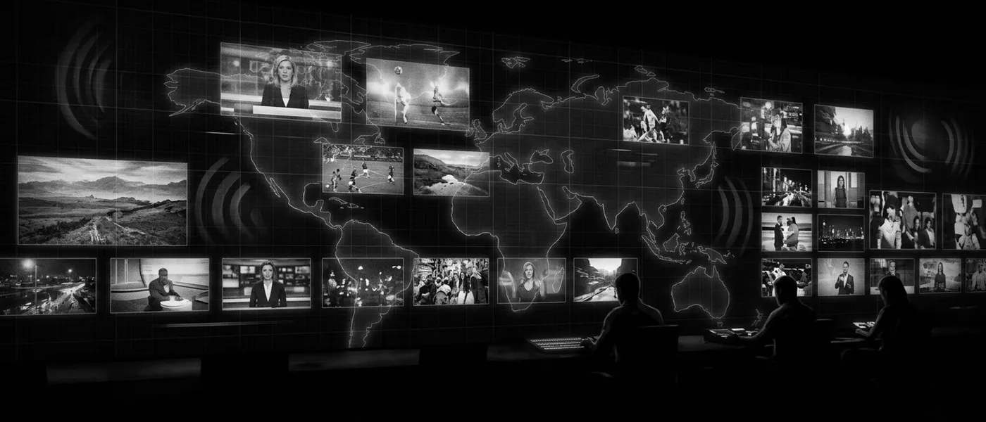 A wall of live video streams across regions — broadcast at consumer scale