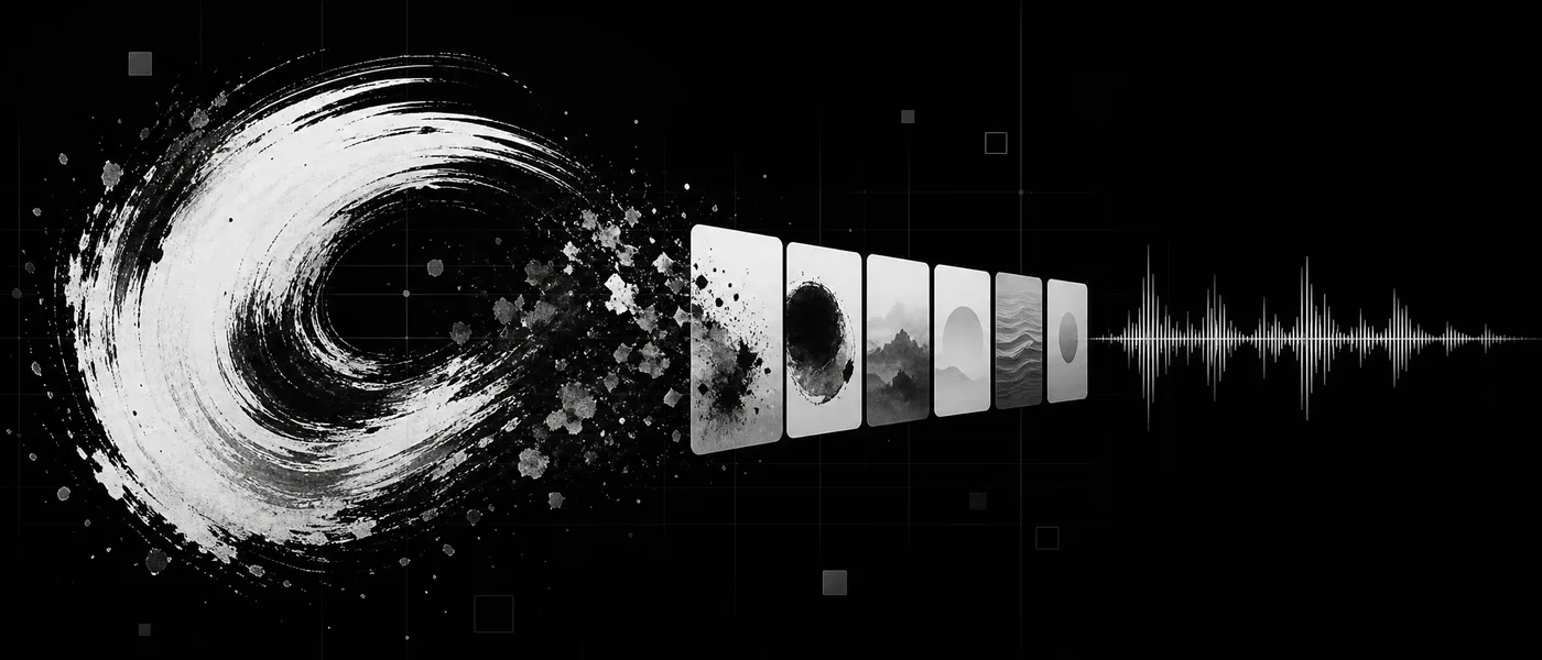 Abstract Chinese brush strokes flowing into a spaced-repetition review timeline of flashcards and a pronunciation waveform